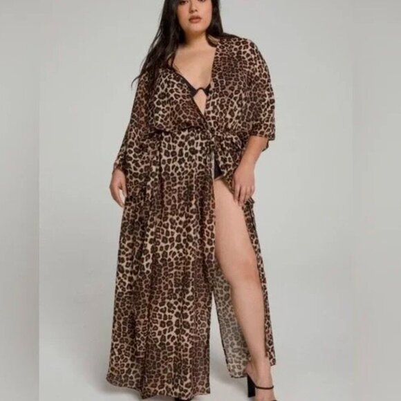 Good American Animal Leopard Print Kimono Robe Sz 16-28 Tie Sash - Picture 2 of 16